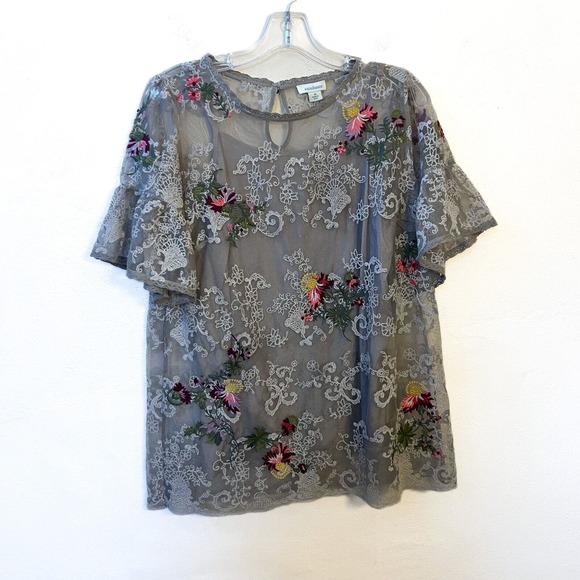 Sundance Tops Sundance Womens Blouse Gray Lace Floral Embroidered